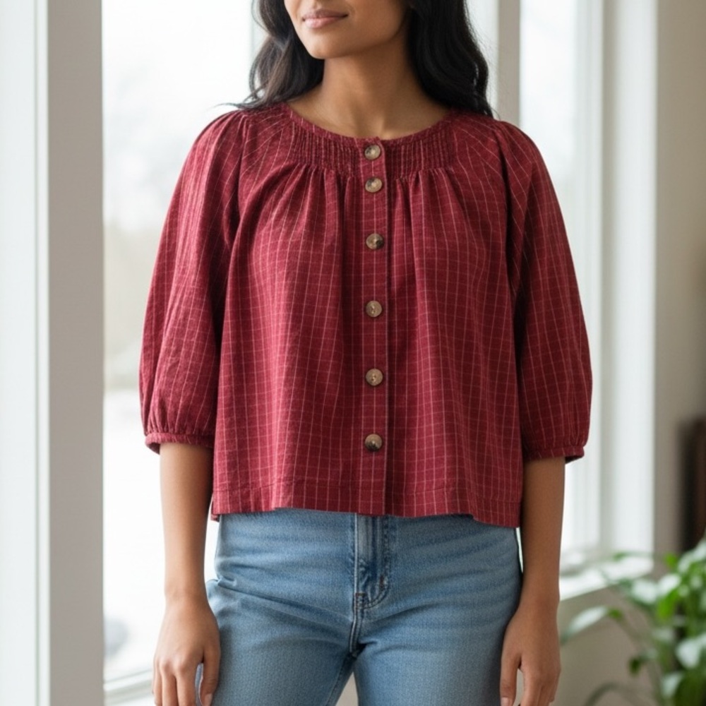 Madewell Button Down Blouse Red and White Size Medium